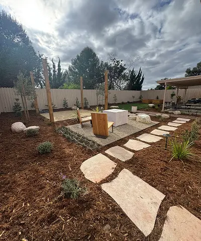 Stone steps leading out to a lounge area