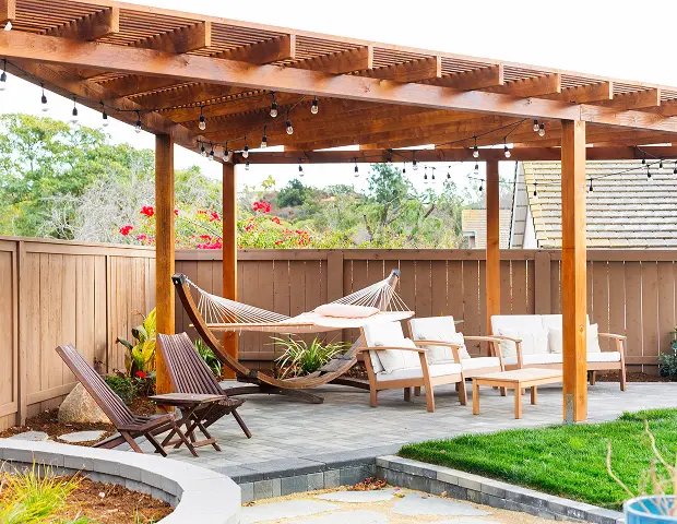 A hammock under a pergola