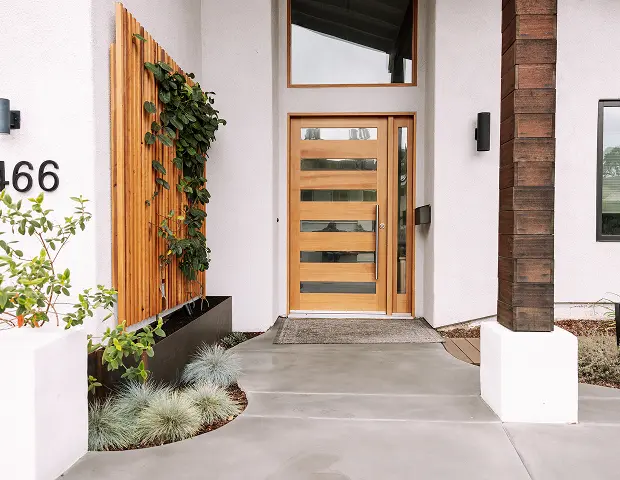 A custom built door with plants growing out of a nearby wall