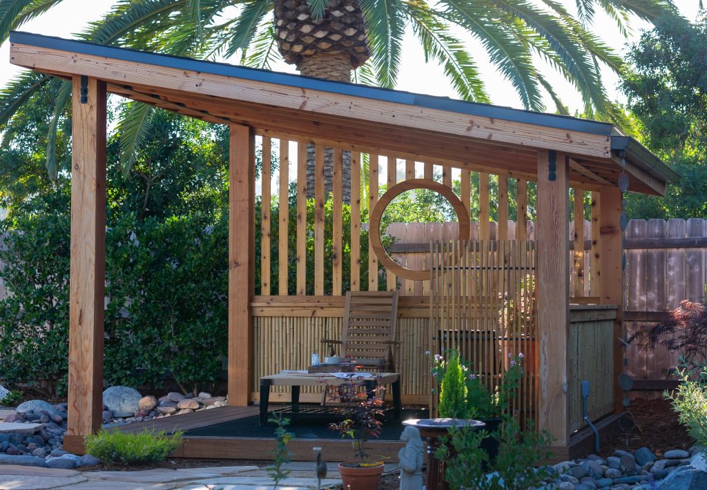 Custom cedar Japanese teahouse pergola in a Rancho Bernardo garden