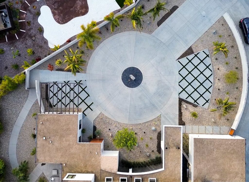 Aerial view of modern San Diego landscape with geometric paving