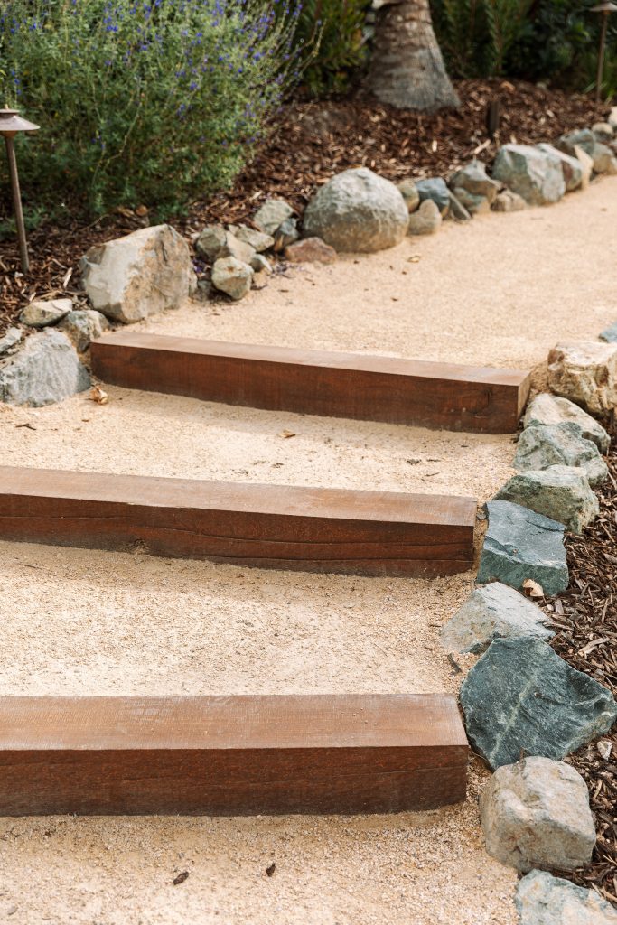 timber steps, dg path, and cobble edging in rancho santa fe