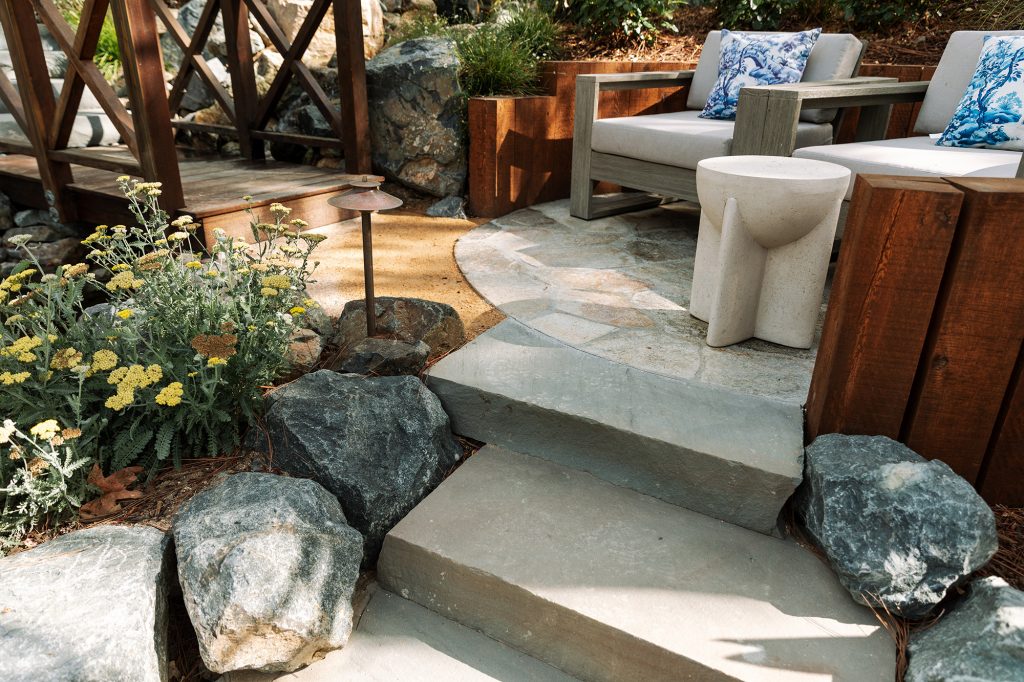 boulder steps, flagstone patio, custom water feature