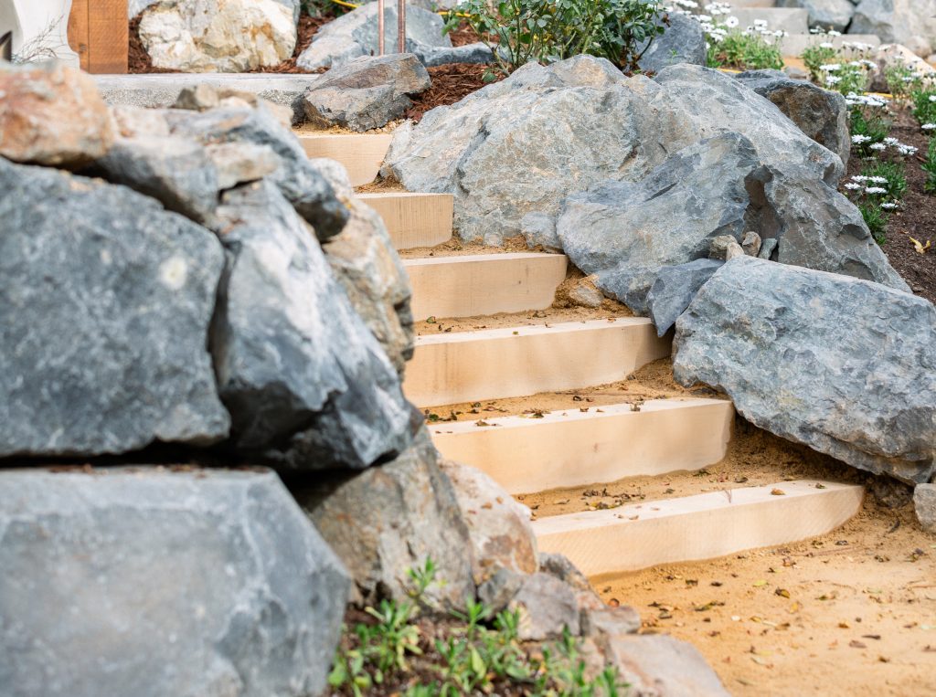 boulder wall and timber steps